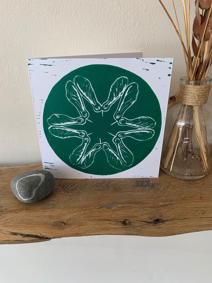 Original lino print card of sycamore seeds