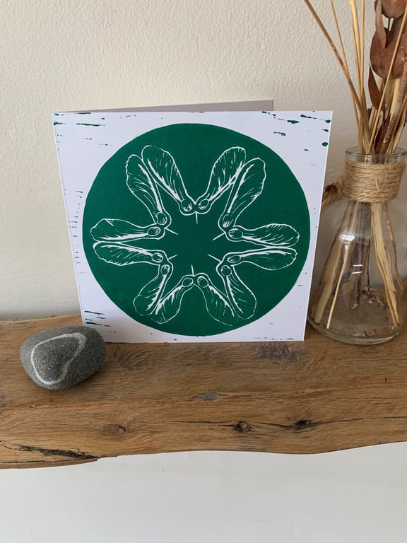 Original lino print card of sycamore seeds