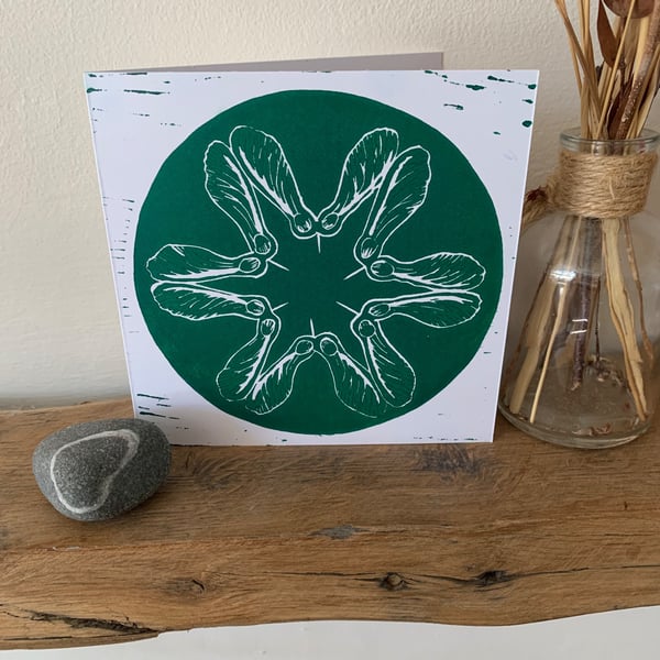 Original lino print card of sycamore seeds