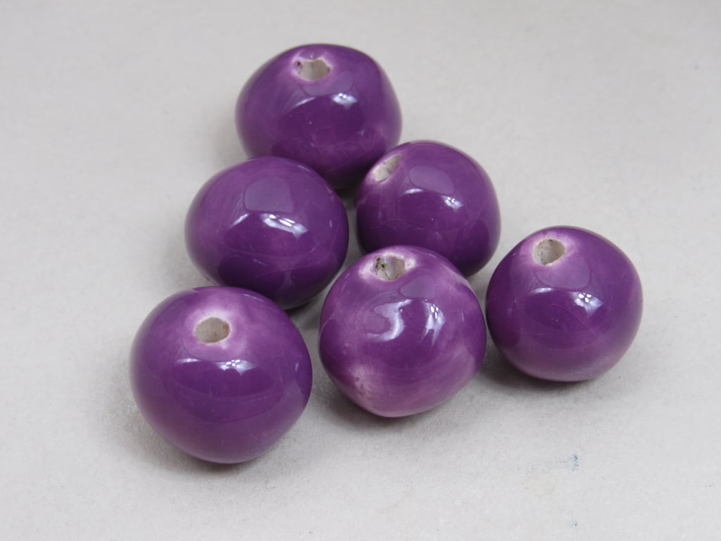 6 Medium Lilac Purple Glazed Clay Beads