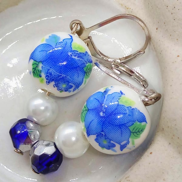 Blue and White Floral Bead Earrings With Pearls and Crystals, Gift for Her