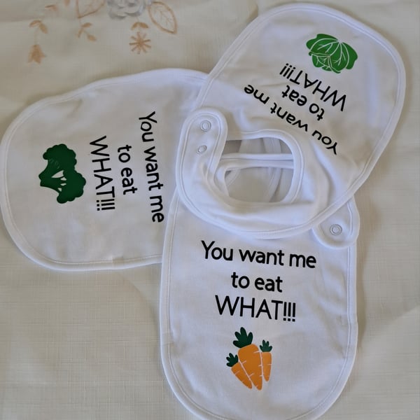 bib white set of 3 with jokey comment about eating veg