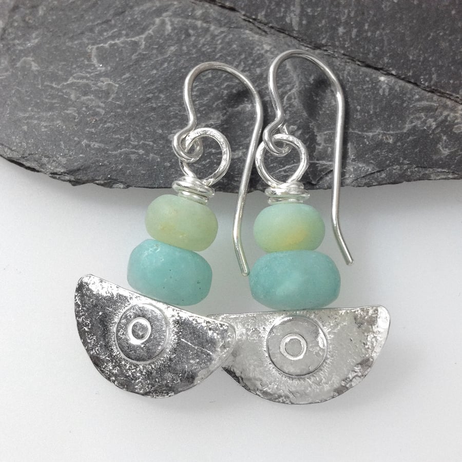  silver and frosted amazonite earrings Ulu tribal blade