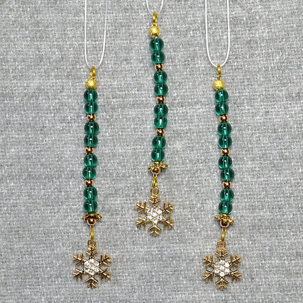 Christmas Decorations – Set of 3 – Green and Gold-Plated Bead with Snowflake