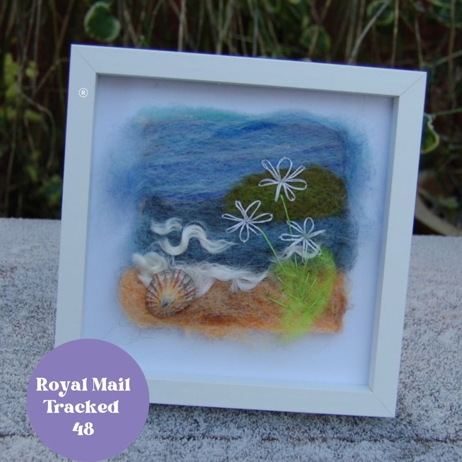 Coastal Art Textile wool and hand embroidered  framed picture - Across the Bay