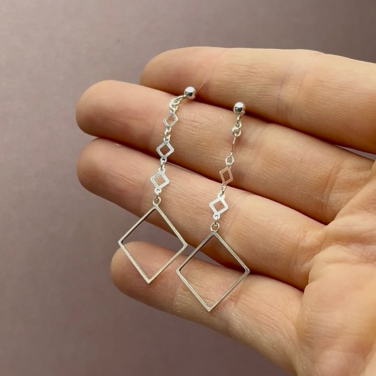 Geometric Mid Drop Earrings – Sterling Silver, Handmade