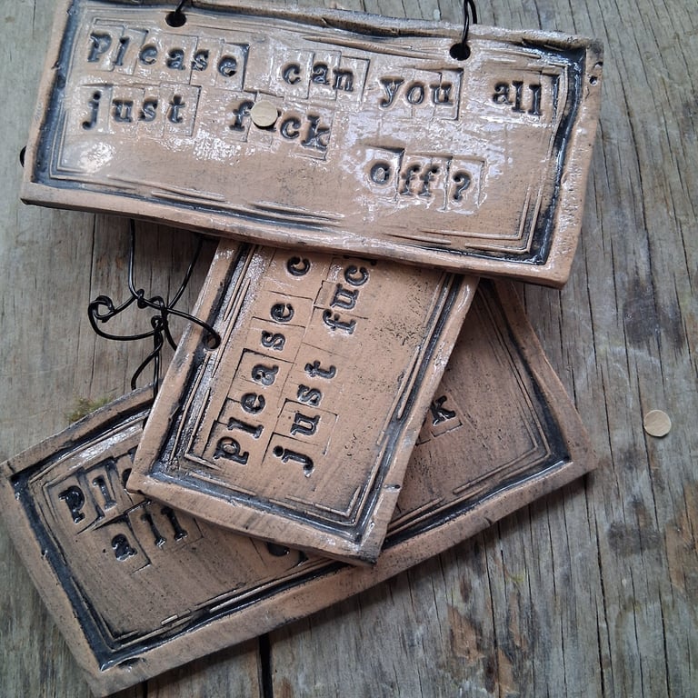 CLEARANCE! rustic ceramic pottery sign-please can you all just f off?