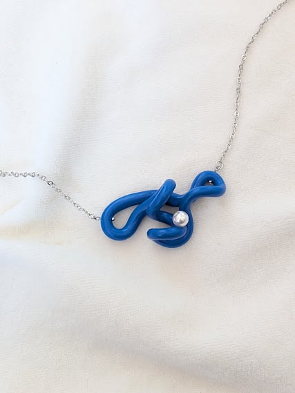 Handmade Polymer Clay Necklace with Pearl - Cobalt Tide Knot