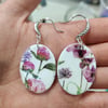 Hook oval torn Floral transfer polymer clay earrings