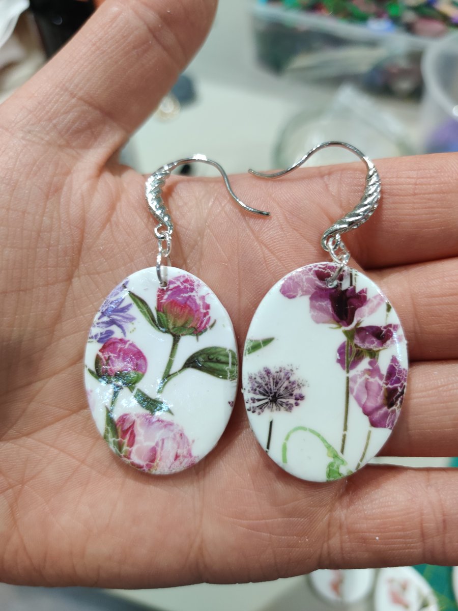 Hook oval torn Floral transfer polymer clay earrings