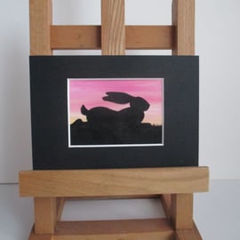 ACEO painting Bunny Rabbit Silhouette original art mounted ready to frame pink