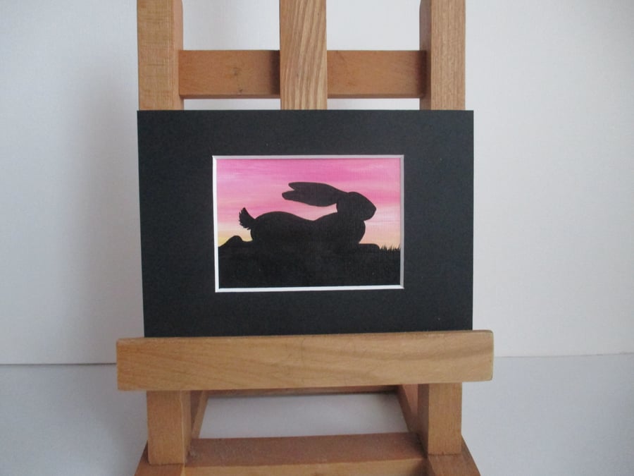 ACEO painting Bunny Rabbit Silhouette original art mounted ready to frame pink