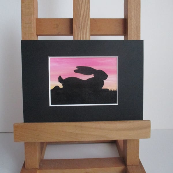 ACEO painting Bunny Rabbit Silhouette original art mounted ready to frame pink