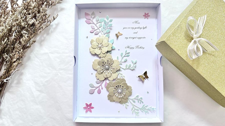 Luxury Handmade Personalised Birthday Card with Box: Gold Flowers C1104