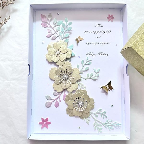 Luxury Handmade Personalised Birthday Card with Box: Gold Flowers C1104