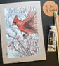 Red Cardinal in flight original drawing, winter bird artwork, small wall art - Image 3