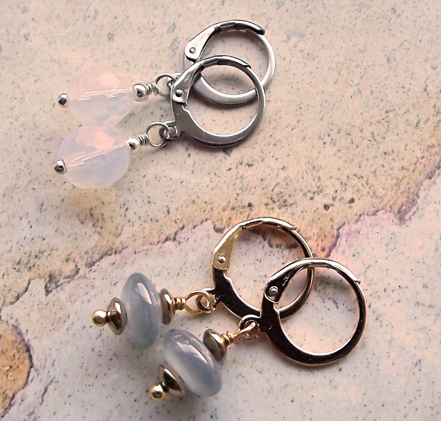 grey opal hoop earrings grey white silver gold 2 pairs