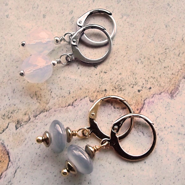 grey opal hoop earrings grey white silver gold 2 pairs