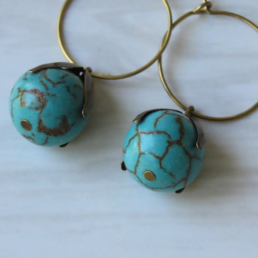 Earrings Turquoise semi precious stone Rounds & Bronzed petal Bead Caps on Hoops