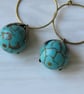 Earrings Turquoise semi precious stone Rounds & Bronzed petal Bead Caps on Hoops