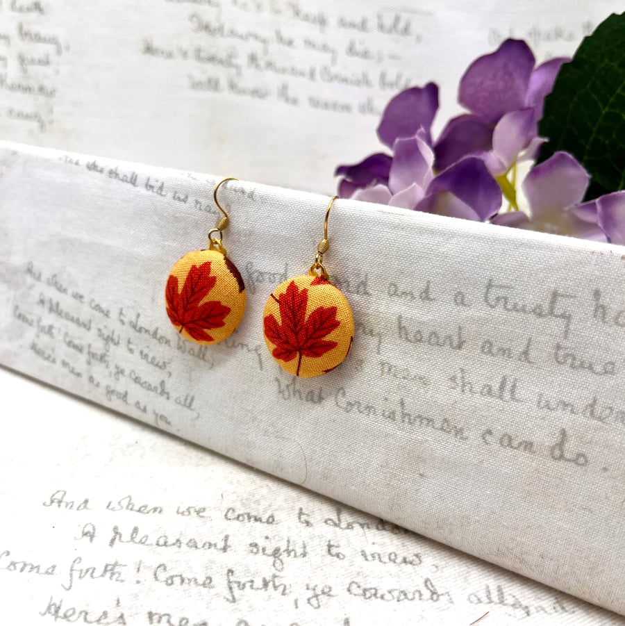 Burnt orange maple leaf fabric button dangle earrings autumn lover