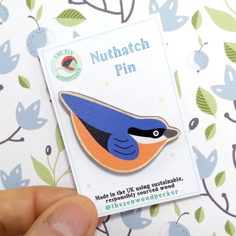 Nuthatch Pin Badge, Wooden Bird Brooch