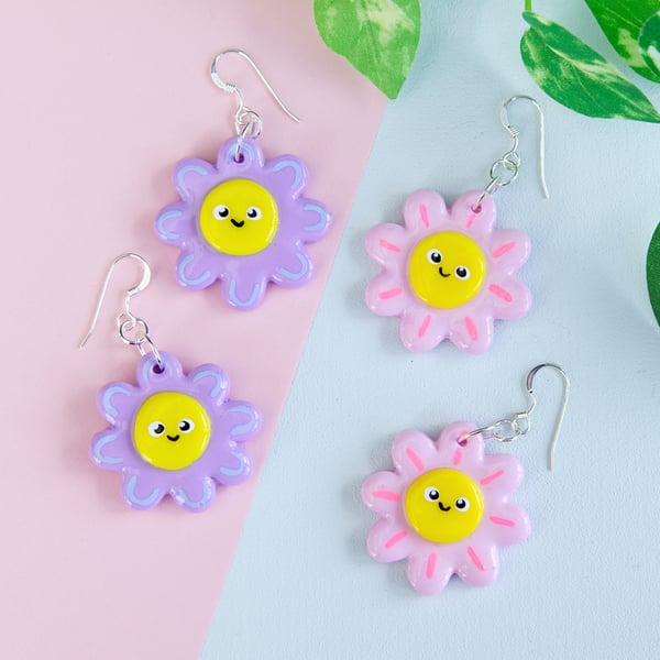 Cute Little Pink and Purple Flower Drop Earrings