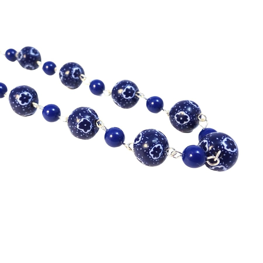 Blue and White Beaded Necklace, Dark Blue Floral Necklace, Handmade Beads