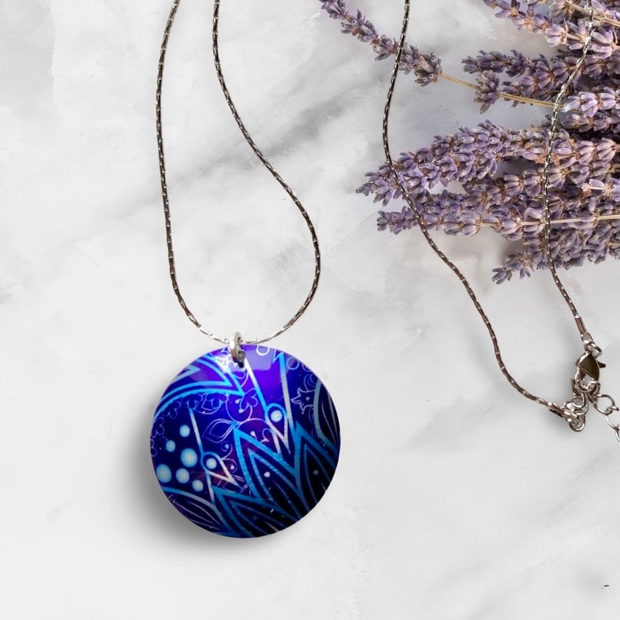 SALE dark blue necklace, 32mm abstract disc pendant. Perfectly imperfect