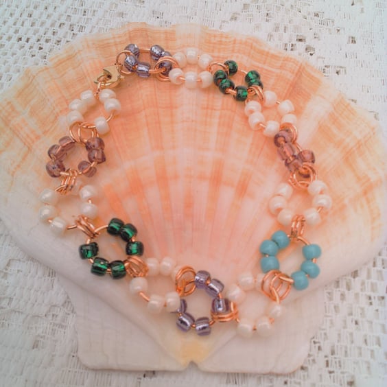 Rose Gold Rosary Linked Rings and Seed Beads, Gift for Her, Colourful Bracelet