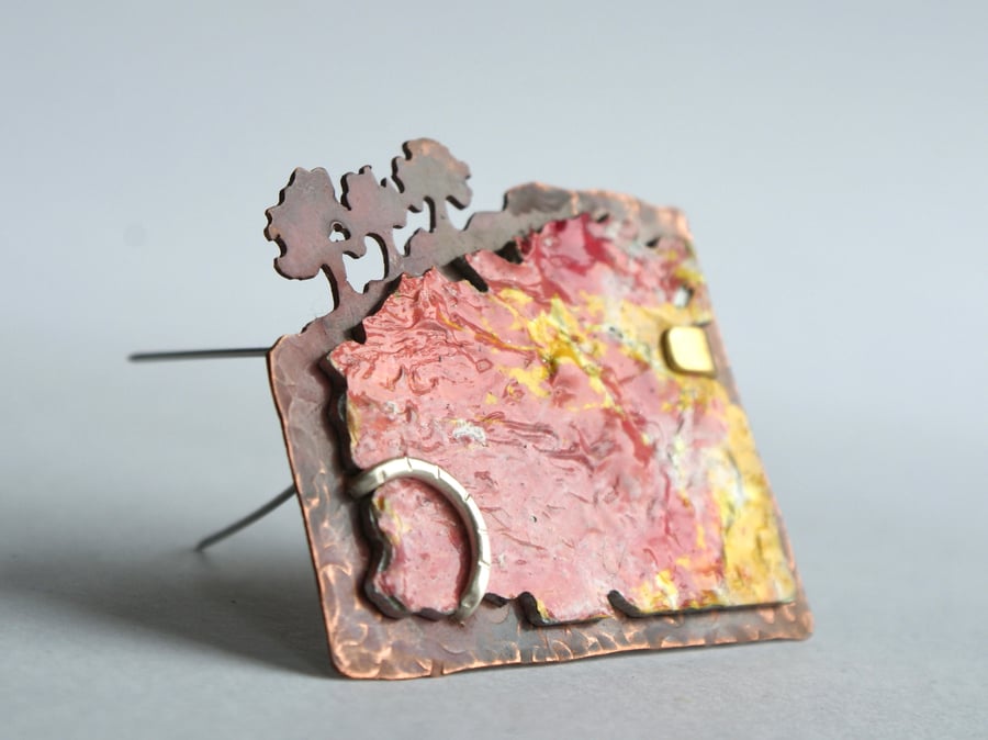 Abstract art brooch - treeline pink