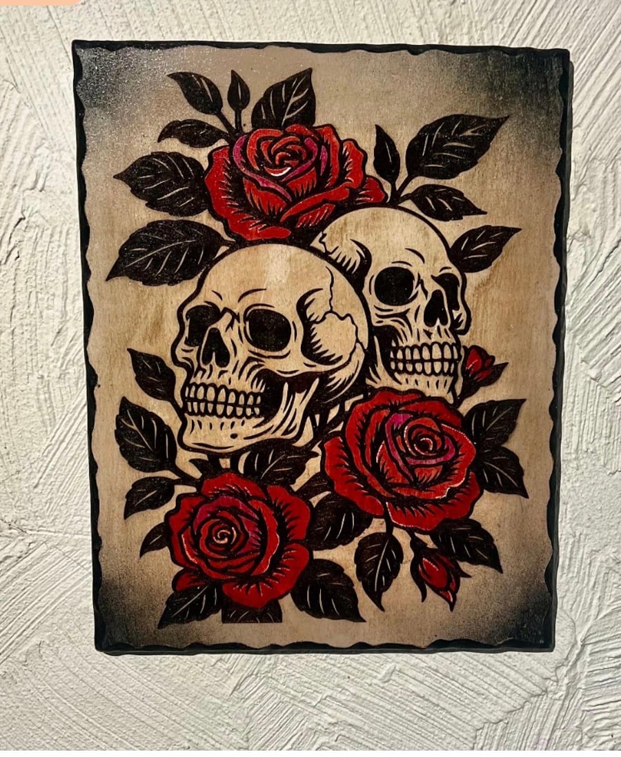 Skulls and roses wooden plaque 