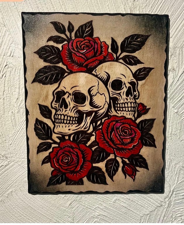 Skulls and Roses Wooden Plaque – Gothic Wall Art – Handmade Alternative Home Dec