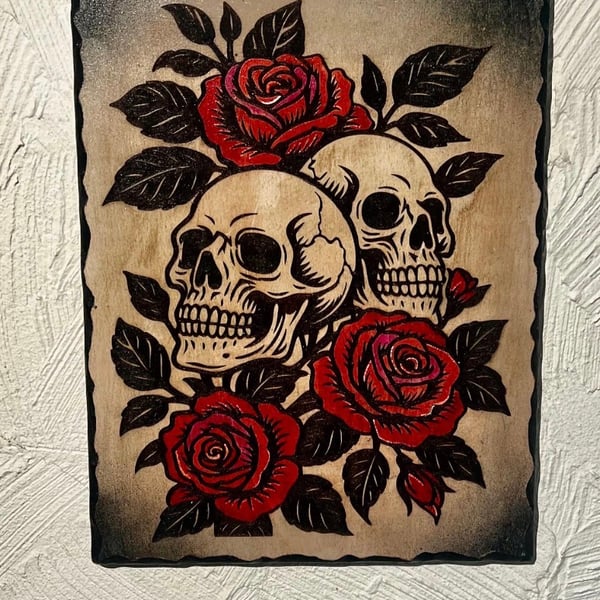 Skulls and roses wooden plaque 
