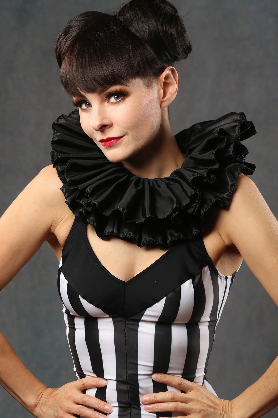 Neck Ruffle Circus Costume in Black Satin Taffeta 
