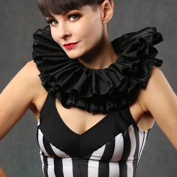 Neck Ruffle Circus Costume in Black Satin Taffeta 