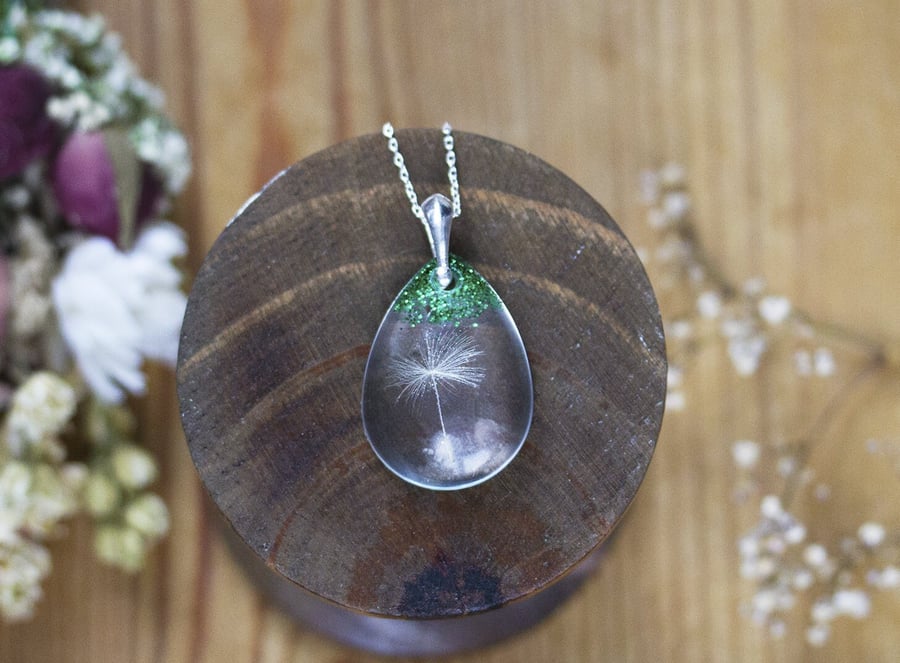 Dandelion Necklace with Single Wish and Glitter Emerald Green Real Dandelion Dan