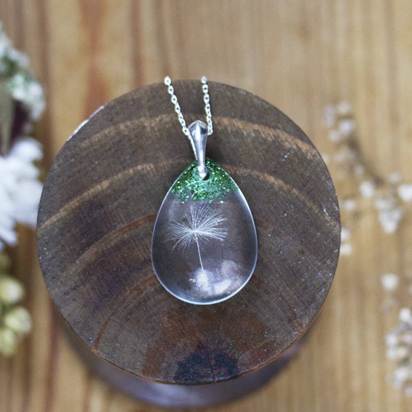 Dandelion Necklace with Single Wish and Glitter Emerald Green Real Dandelion Dan