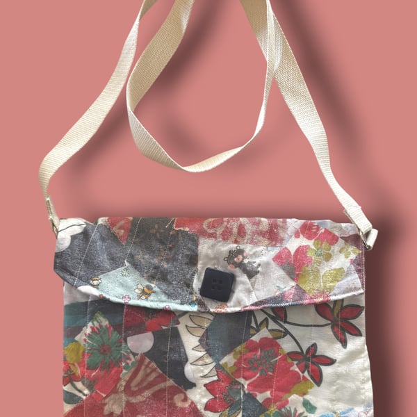 Small Upcycled Crossbody Messenger Bag with Cream Strap & Navy Button