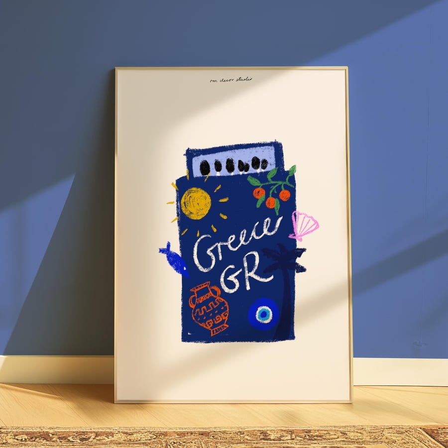 Greece Doodle Matchbox Art Print Poster