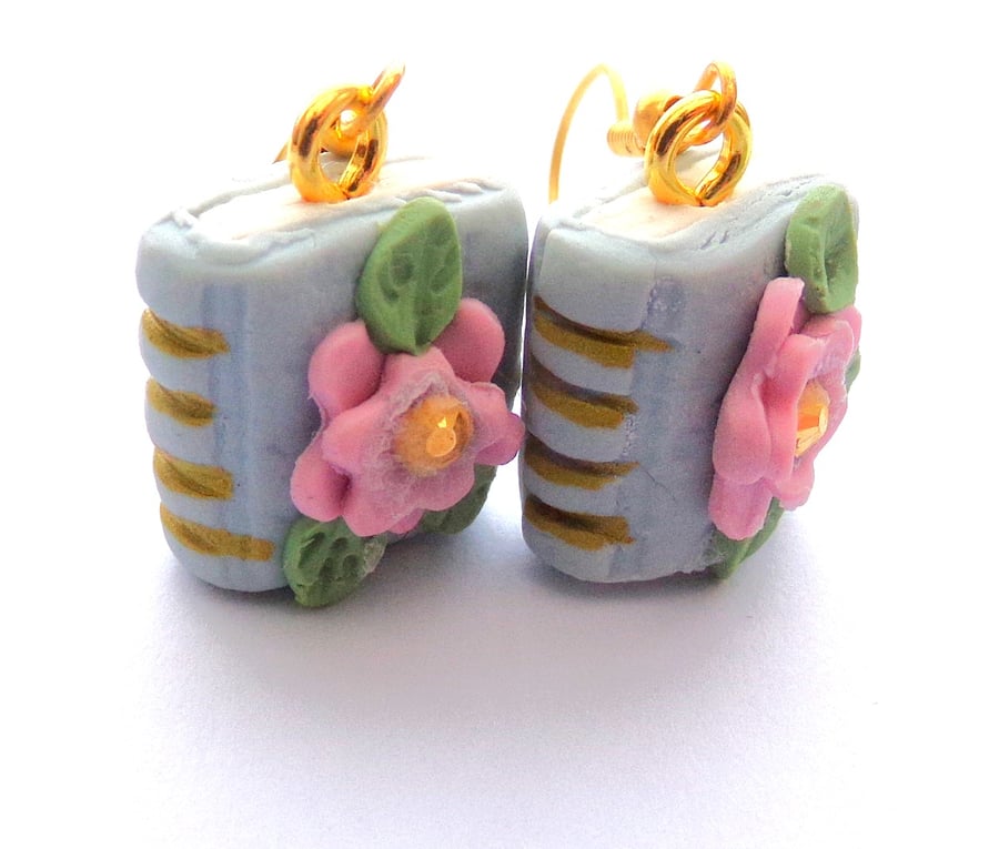 Polymer Clay Pale Blue Book Earrings