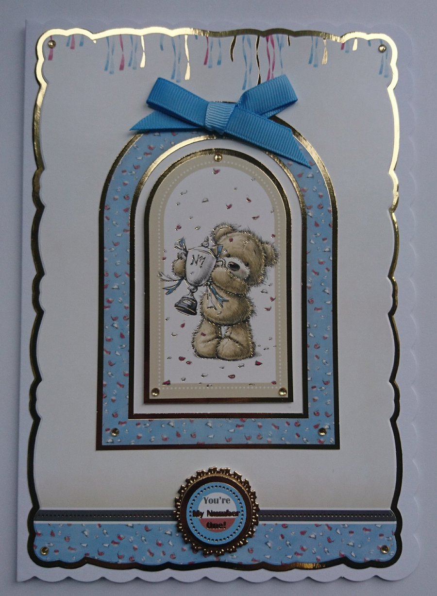 Birthday Card Boy Teddy Bear You're My Number One Trophy Cup