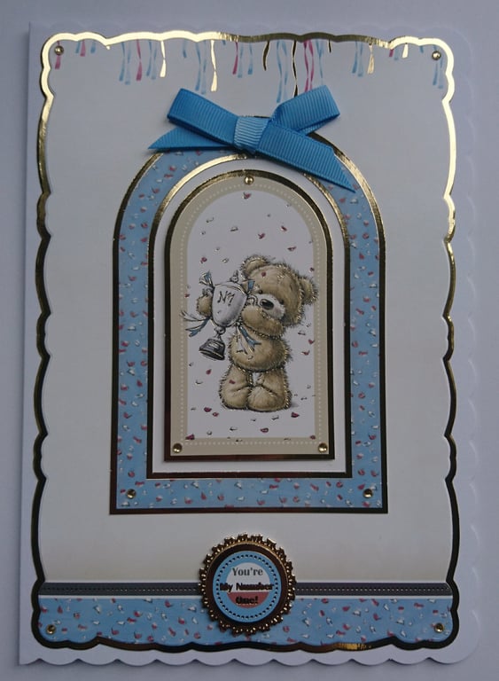 Birthday Card Boy Teddy Bear You're My Number One Trophy Cup