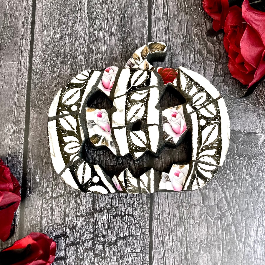 Vintage China Mosaic Pumpkin, Gothic Halloween Shelf Jack O'Lantern Decor