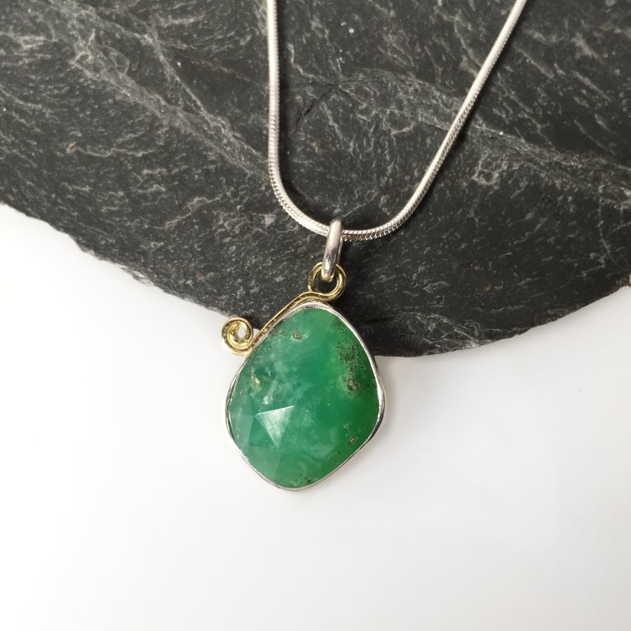 Silver gold and chrysoprase freeform pendant and chain