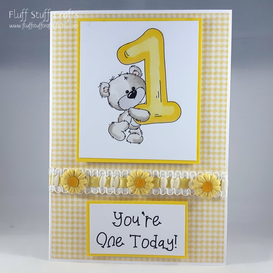 Handmade first birthday card - bear with number 1