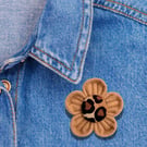 Golden Brown Felt Kanzashi Brooch with Leopard Print Fabric Button Centre 
