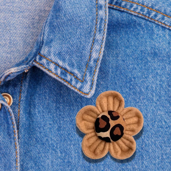Golden Brown Felt Kanzashi Brooch with Leopard Print Fabric Button Centre 