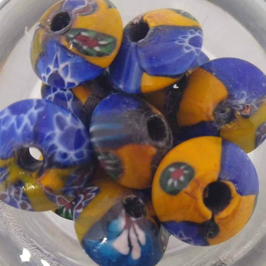 Hand painted French Ceramic Saucer Beads Blue and Yellow x10