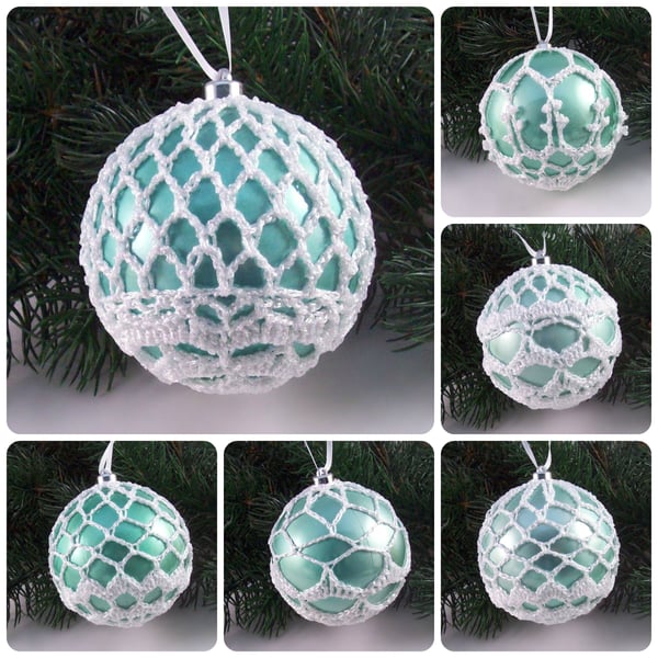 Christmas baubles boxed set of 6 large decorated with crochet lace (A16)